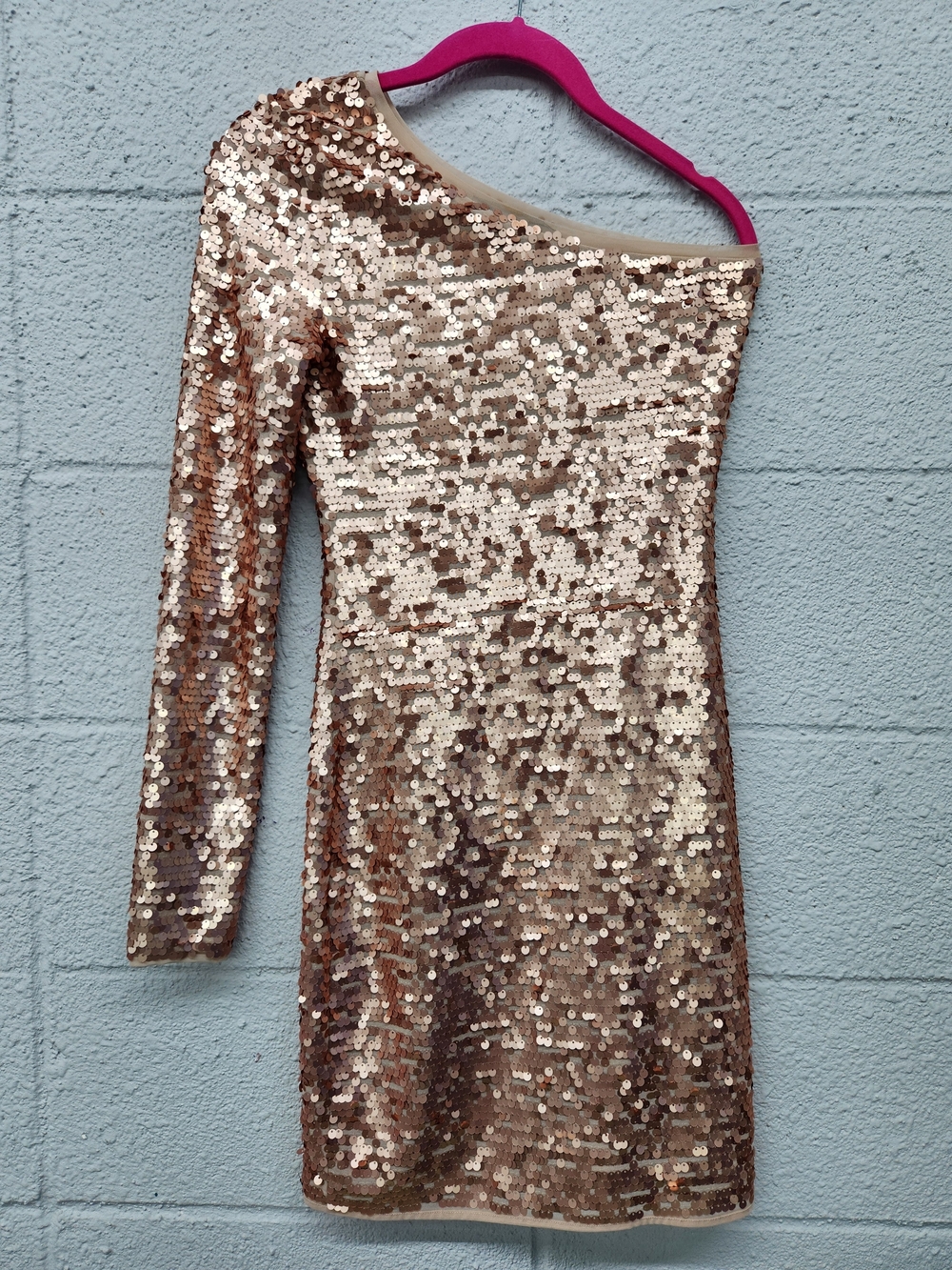 BCBGMaxAzria Gold Sequin One-Shoulder Long Sleeve Mini Dress